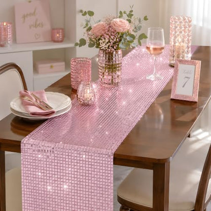 Disco Party Decorations - Pink Glitter Disco Table Runner - color: Pink Sequin Glitter