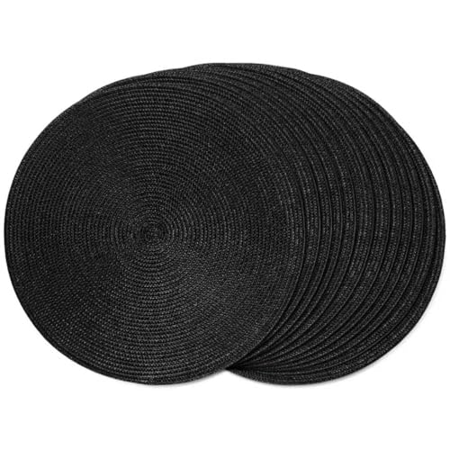 FunWheat Round Braided Placemats Set of 12 Place Mats for Dining Table Woven Washable Non-Slip Table Mats 15 Inch(Black,12pcs) - color: Black, size: Set of 12