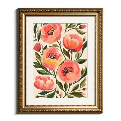 VIYYIEA Gold Framed Peony Floral Wall Art, 13×16 Inch - color: Blooming Flowers, size: 16"L x 13"W