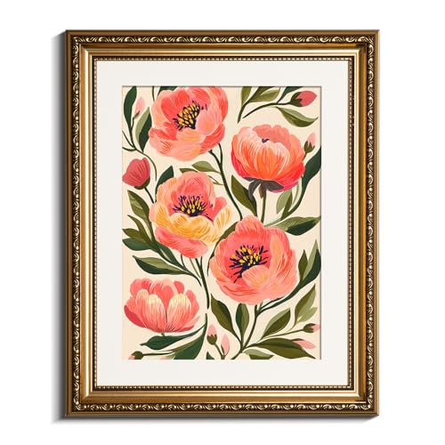 VIYYIEA Gold Framed Peony Floral Wall Art, 13×16 Inch - color: Blooming Flowers, size: 16"L x 13"W