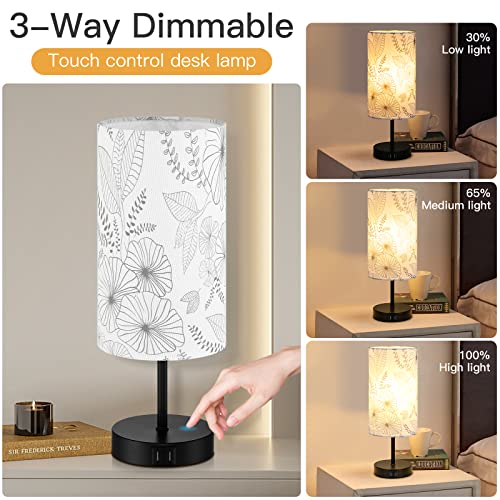 CINSARY Touch Control Bedside Lamp with 2 USB Ports, 3-Way Dimmable Table lamp for Bedroom, Nightstand Lamp with Round Flower Fabric Shade for Living Room Home Office (E26 LED Bulb Included) - color: White-15“ H