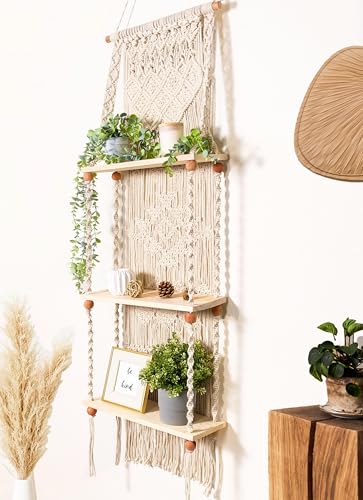 Macrame Wall Hanging Shelf 3 Tier Boho Wall Plant Hanger Shelves, Handmade of Woven Rope Boho Shelves Organizer for Living Room Bathroom Home Storage Floating Plant Rack Bohemian décor - size: Tier 3