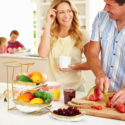3 Tier Fruit Bowl for Kitchen Counter, Gold Trim Ceramic Fruit Stand Basket for Countertop, Fruit Rack with Thickened Metal Holder, Vegetable Bowl Dessert Nuts Bread Candy Storage (Gold Trim) - color: Gold Trim