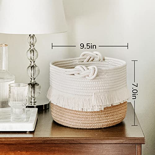 CherryNow Small Woven Rope Baby Basket with Tassel, 9.5" x 7", Jute - color: White & Camel, size: 10L (9.5"W x 7"H)