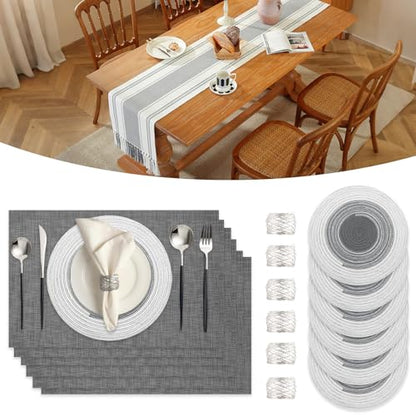 SK Studio 19Pcs Boho Table Runner Placemat and Napkin Ring Set Rectangle and Round Meal Mats Macrame Table Runner with Tassels for Wedding Kitchen Dining, Grey - size: 13.8x72 inch