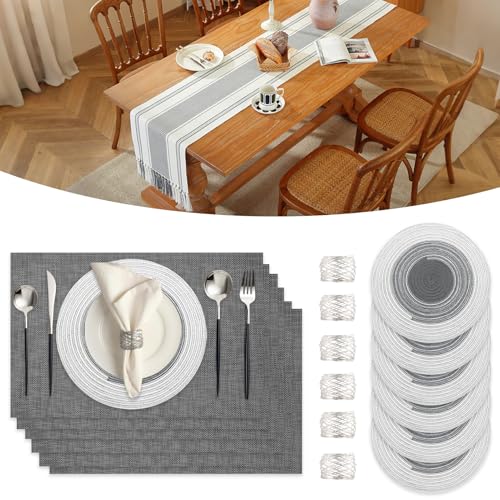SK Studio 19Pcs Boho Table Runner Placemat and Napkin Ring Set Rectangle and Round Meal Mats Macrame Table Runner with Tassels for Wedding Kitchen Dining, Grey - size: 13.8x108 inch