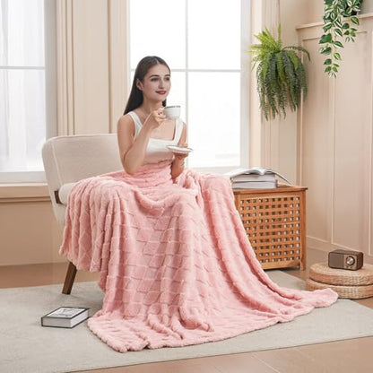 Pink Fleece Throw Blanket for Couch Sofa 60”x80” with Diamond Checkered - color: Pink, size: Twin(60"x80")