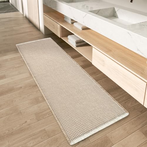 AMOAMI Upgraded Waffle Runner Rug Super Absorbent Non Slip Bath Mats for Bathroom Machine Washable Bathroom Runner Rug with Tassels, Ideal for Hallway Bedroom Laundry Room, 2' x 4', Brown & Cream - color: Brown & Cream, size: 2' x 4'