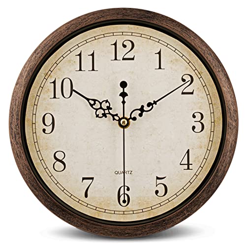 Bernhard Products Vintage Brown Wall Clock Silent Non Ticking 10 Inch Quality Quartz Battery Operated Round Decorative Easy to Read for Home Kitchen Living/Dining Room Bedroom Office Classroom School - color: Vintage, size: 10 Inch