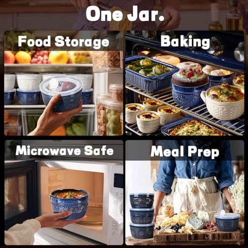 Artena Meal Prep Containers 22 OZ, 4 Pack Snack Containers, Reusable Food Storage Containers With Lids For Soup Yogurt Oatmeal Lunch Breakfast, Ceramic Cereal Bowls (Blue, Willow Leaf) - size: 5.15 inch (Willow Leaf, Blue)