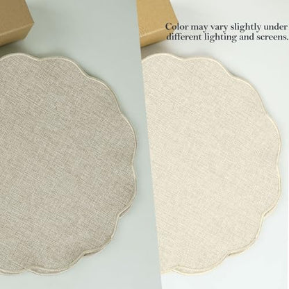 AHHFSMEI Round Scalloped Placemats Set of 6 15 Inch Faux Linen - color: Beige