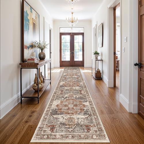 RUUGME Washable 3X14 Runner Rugs - Large Boho Rugs for Living Room Stain Resistant Carpet Vintage Tribal Rugs for Bedroom Kitchen Bathroom Non Slip Backing Home Decor Floor Decoration Mat 3X14 Brick - color: Brick, size: 3' x 14' (Runner)