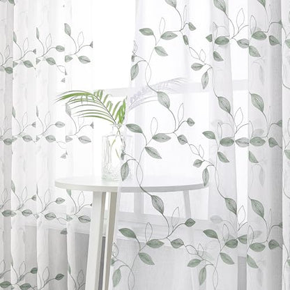 Tollpiz Sage Green Leaf Sheer Tier Curtain Kitchen 30 x 36 Inches - color: Sage Green, size: 30"W x 36"L (Pack of 2)