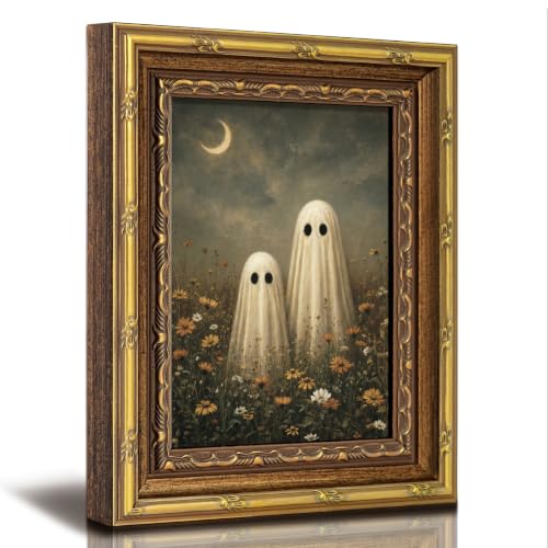 HUARCEY Vintage Gold Framed Halloween Wall Art 8"x10" Ghost Canvas Print - color: Ghost, size: 10"L x 8"W