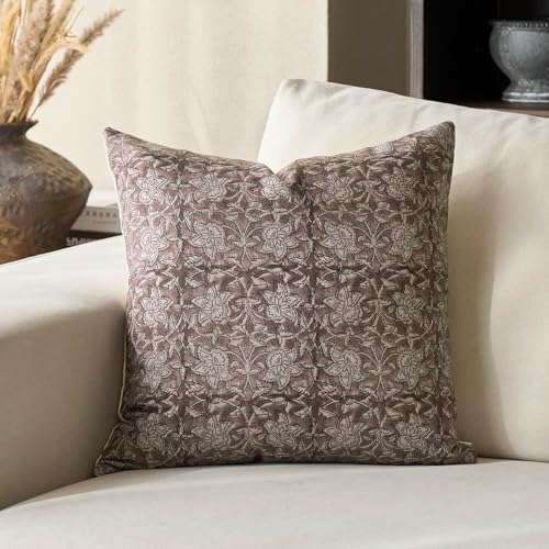 DOMVITUS Floral Pillow Covers 24x24 Throw Pillow Covers Block Print Vintage Decorative Neutral Pillow Cover for Couch Bed Living Room Dark Brown 1PC - color: Dark Brown, size: 24" x 24" (Pack of 1)