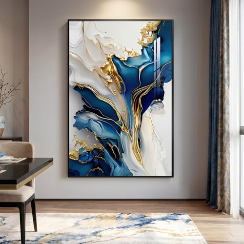 Extra Large Framed Blue White and Gold Abstract Wall Art, Vertical 40x60 In - color: Blue and White A, size: 60"L x 40"W