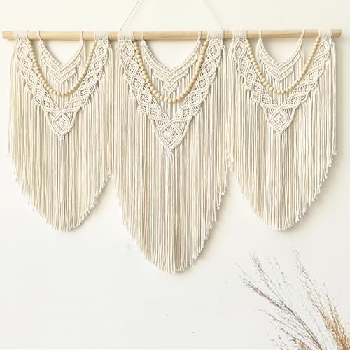 Large Macrame Wall Hanging, Boho Tapestry, 43"x32", Wood Bead Fringe - color: Beige-Wood Bead