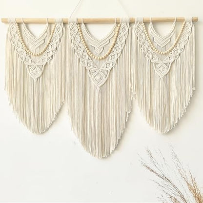 Large Macrame Wall Hanging, Boho Tapestry, 43"x32", Wood Bead Fringe - color: Beige-Wood Bead