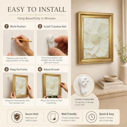 yByCute White Floral Wall Art, Gold-Tone Framed Canvas, 8 x 10 Inches