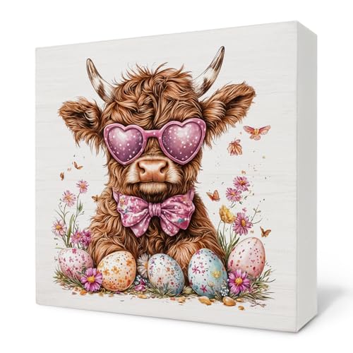 Coquette Pink Easter Highland Cow Wooden Box Sign, Farmhouse Cute Floral Cow Easter Eggs Wood Block Signs for Girls Room Dorm Apartment Desk Table Shelf Decor, 5x5 Inch - color: Easter Cow 02