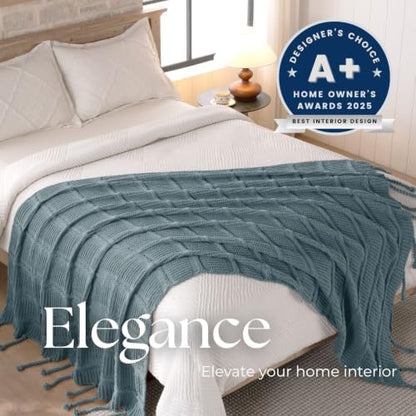 Boho Knitted Chenille Blanket with Tassels - Lightweight & Soft All-Season Throw - 3D Classic Pattern for Living Room Bedroom Couch, Celestial Blue, King 90"x108" - color: Celestial Blue, size: King