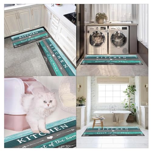 Arttown Anti-Fatigue Kitchen Rug Set of 2, Waterproof Non-Slip, Teal Green - color: Teal Black Kitchen Mat, size: 17.3 x 47 inch + 17.3 x 29 in
