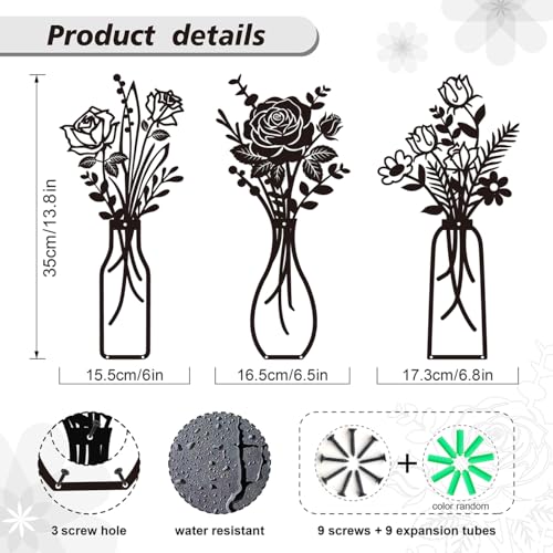 Wcro Metal Flowers Wall Decor,3 Pcs Rose Design 14 inch Metal Wall Art. - color: Black-Rose