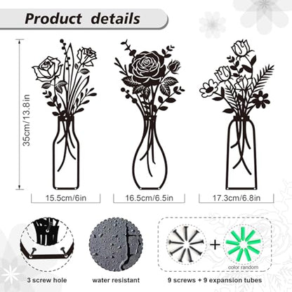Wcro Metal Flowers Wall Decor,3 Pcs Rose Design 14 inch Metal Wall Art. - color: Black-Rose