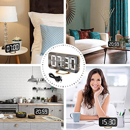 SZELAM Digital Alarm Clock,LED and Mirror Desk Clock Large Display,with Dual USB Charger Ports,3 Levels Brightness,12/24H,Modern Electronic Clock for Bedroom Home Living Room Office - Gold - color: Gold