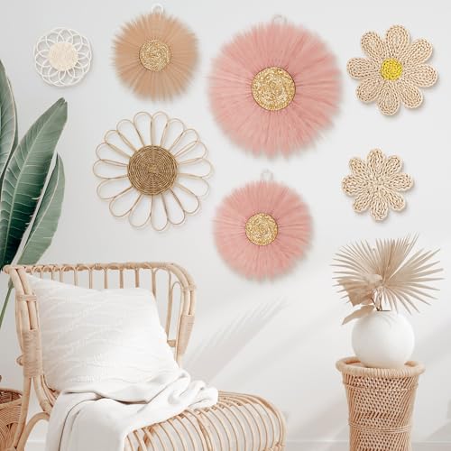 Chunful 7 Pcs Boho Wall Basket Decor Rattan Flower, Dark Pink - color: Dark Pink
