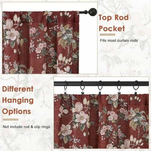 Aiyufeng Floral Kitchen Tiers Curtains 36 Inches Long, Breathable Soft Flower Patterned Light Filtering for Bedroom Living Room Farmhouse Small Window Treatments, Each 30x36 Inch, Burgundy Red - color: Burgundy Red, size: 30"W x 36"L (Pack of 2)