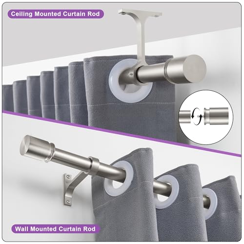 Curtain Rods for Windows 48 to 86 Inches - Aluminium Finials and Brackets - 1 Inch Diameter Decorative Window Rods - Adjustable Heavy Duty Curtain Rod - Brushed Nickel Finish - color: Brushed Nickel, size: 48-86"