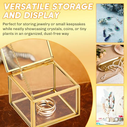 Vintage Gold Glass Jewelry Box with Lid 2.36 x 2.36 x 1.77 Inch