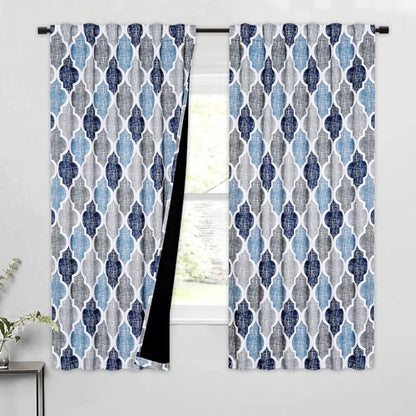 Beauoop Moroccan 100% Blackout Curtains Bedroom Blue Grey 50x63 2 Panels - color: Rod Pocket | Blue and Grey, size: 50"W x 63"L (Pack of 2)