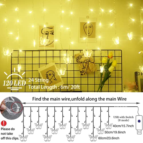 Butterfly Curtain Fairy Lights USB Plug in,8 Modes 120 LED 14.7FT Firefly Twinkle Timer String Lights with Remote, Waterproof Copper Wire for Bedroom Patio Christmas Wedding Party(Warm White) - color: Warm White