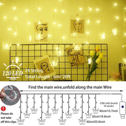 Butterfly Curtain Fairy Lights USB Plug in,8 Modes 120 LED 14.7FT Firefly Twinkle Timer String Lights with Remote, Waterproof Copper Wire for Bedroom Patio Christmas Wedding Party(Warm White) - color: Warm White