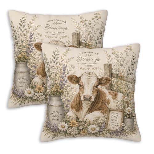 Farmhouse Cow Throw Pillow Covers 18x18 Set of 2, Cream Floral Decorative Cushion Covers, Rustic Country Pillowcases for Couch Sofa Bed Living Room Home Decor - color: Farmhouse Cow