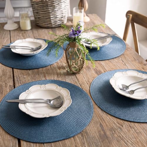 FunWheat Round Braided Placemats Set of 4 Table Mats for Dining Tables Woven Washable Non-Slip Place mats 15inch (Blue, 4pcs) - color: Blue, size: Set of 4