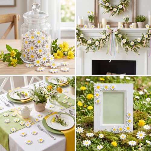 Amyhill 24 Pcs Daisy Table Centerpieces Decoration Wooden Small Rustic Daisy White Yellow Wood Flower Signs for Vase Bowls Filler Tiered Tray Table Farmhouse Home Kitchen Decor