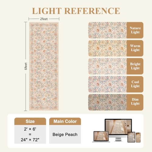 DUKINO 2x6 Runner Rug, Washable Vintage Floral Kitchen Rug, Beige - color: Beige Peach, size: 2' x 6' (Rectangular)