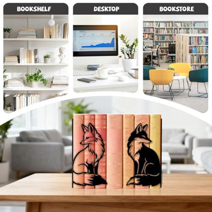 Peacoblue 5.5"x4.3"x8.3" Metal Bookends, Heavy Duty Book Ends for Shelves - style: Black and White Fox