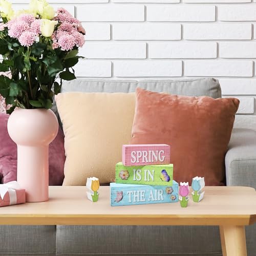 6 Pcs Spring Table Decorations Tulip Flower Wooden Block Signs Tabletop Centerpieces Farmhouse Distressed Easter Decor for Home Kitchen Shelf Tiered Tray Decor