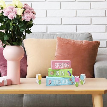 6 Pcs Spring Table Decorations Tulip Flower Wooden Block Signs Tabletop Centerpieces Farmhouse Distressed Easter Decor for Home Kitchen Shelf Tiered Tray Decor