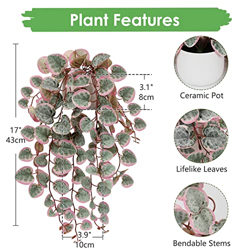 Briful Pink Fake Variegated String of Hearts Plant in White Ceramic Pot - color: Blush Pink and Sage Green Variegated