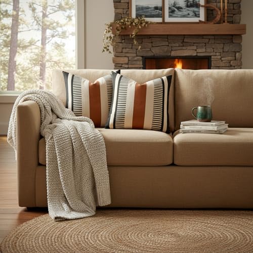Set of 2 Farmhouse Striped Pillow Cover 18x18 Boho Accent Cushion Case Faux Leather Decorative Pillowcase,Black and Beige (Cover ONLY) - color: Black and Beige, size: 18" x 18" (Pack of 2)
