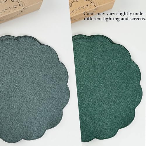 AHHFSMEI Round Scalloped Placemats Set of 6 15 Inch Faux Linen - color: Forest Green