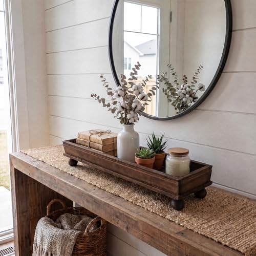 35.5 Inch Long Wooden Decorative Tray with Riser for Table Centerpiece