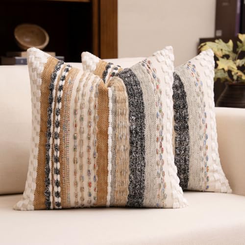 Boho Chenille Tufted Throw Pillow Covers 18x18 Inch Set of 2 Farmhouse Brown Woven Striped Decorative Pillowcases for Couch Sofa Bed - color: Brown
