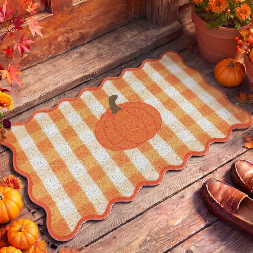 Fall Doormat Outdoor Pumpkin Orange White Gingham Welcome Scalloped Mat - style: Large Pumpkin