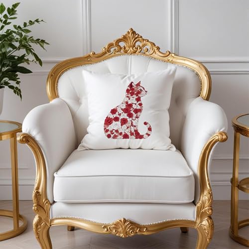 Red and White Rose Floral Cat Pillow Covers 18x18, Gifts for Cat Lovers Mom Lady Owners, Elegant Kitten Kitty Decorative Pillow Covers for Home Bedroom Living Room Decor, Pet Lover Gifts - color: Style21